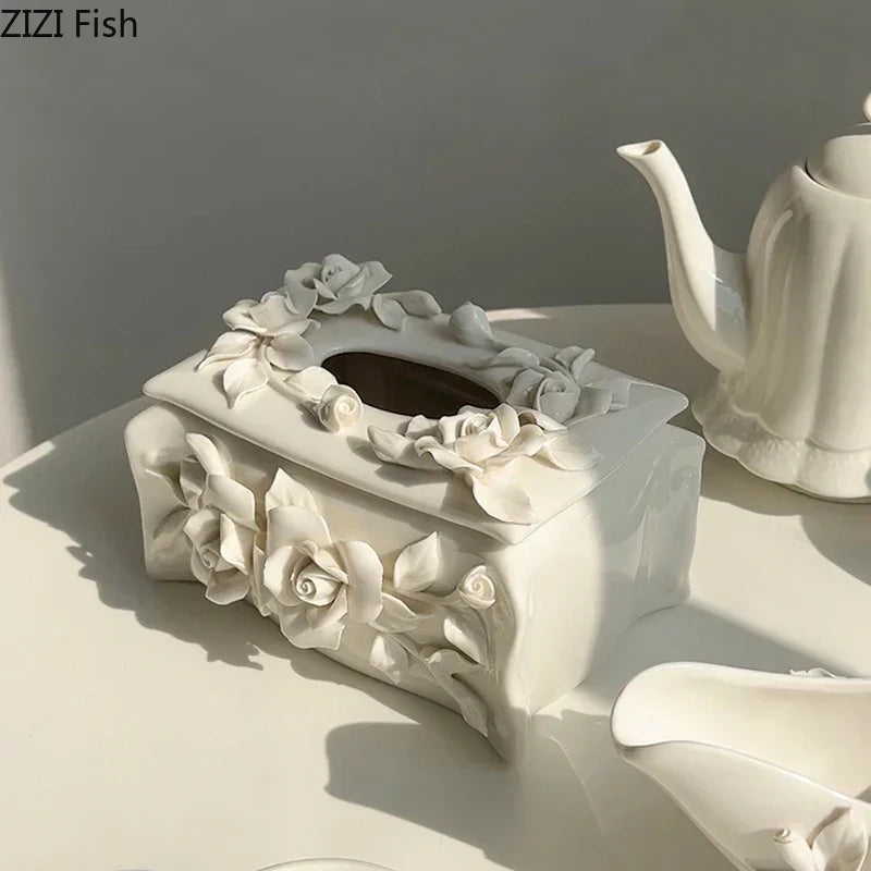 DecorBites™ Camellia Flower Ceramic Tissue Box - Modern Home Decor
