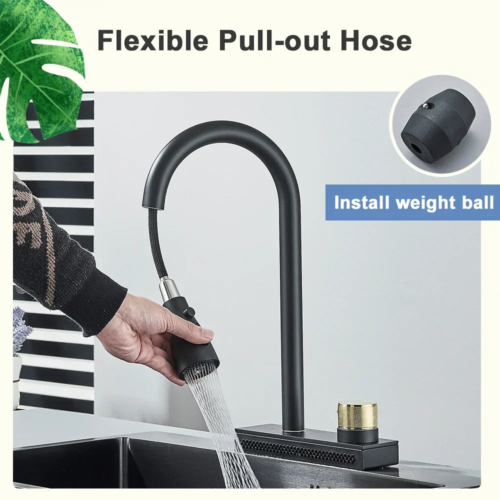 DecorBites™ Black Rainwater Kitchen Faucet Flexible Pull Out 3 Way Nozzle Mixer Tap