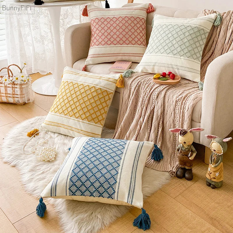 DecorBites™ Blue Diamond Jacquard Tassel Cushion Cover 45x45cm