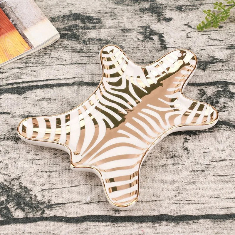 DecorBites™ Gold Tiger Skin Ceramic Plate Zebra Dish Jewelry Holder Tray