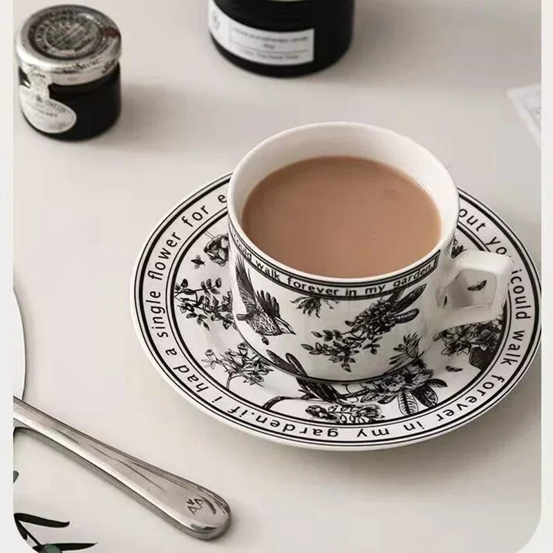 DecorBites™ Black Bird Ceramic Coffee Cup and Saucer Set for English Afternoon Tea and Coffee