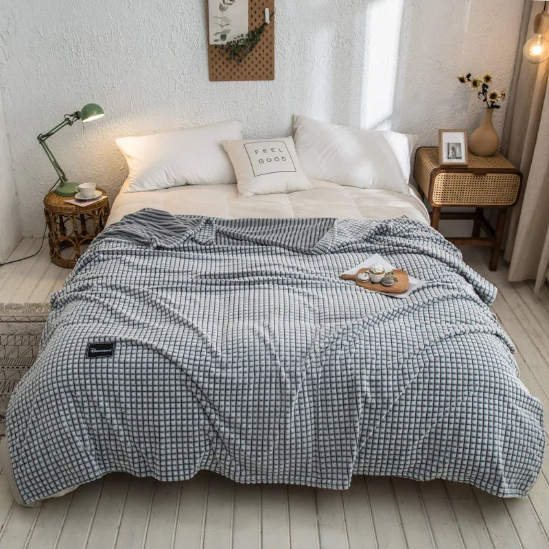 DecorBites™ Gray Plaid Coral Fleece Bed Blanket - Single/Queen/King Size Cozy Flannel Bedspread