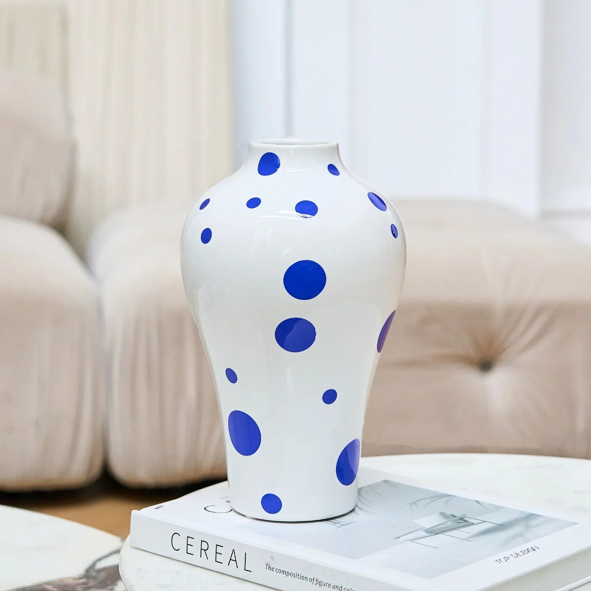 DecorBites™ Blue Geometric Quilted Ceramic Vase - Polka Dots Pattern - Home Decor Craft