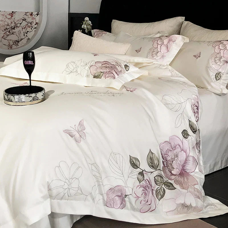 DecorBites™ Butterfly Flowers Embroidery 600TC Egyptian Cotton Bedding Set: Duvet Cover, Bed Sheet, Pillowcases