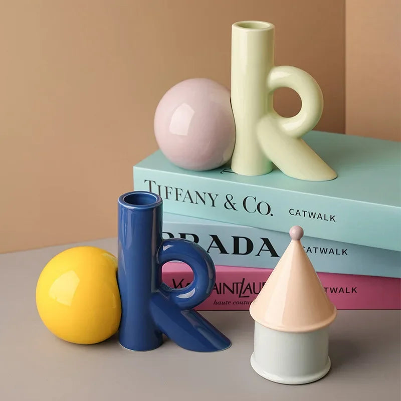 DecorBites™ Cartoon Abstract Ceramic Vase with Cut-out Letter Design
