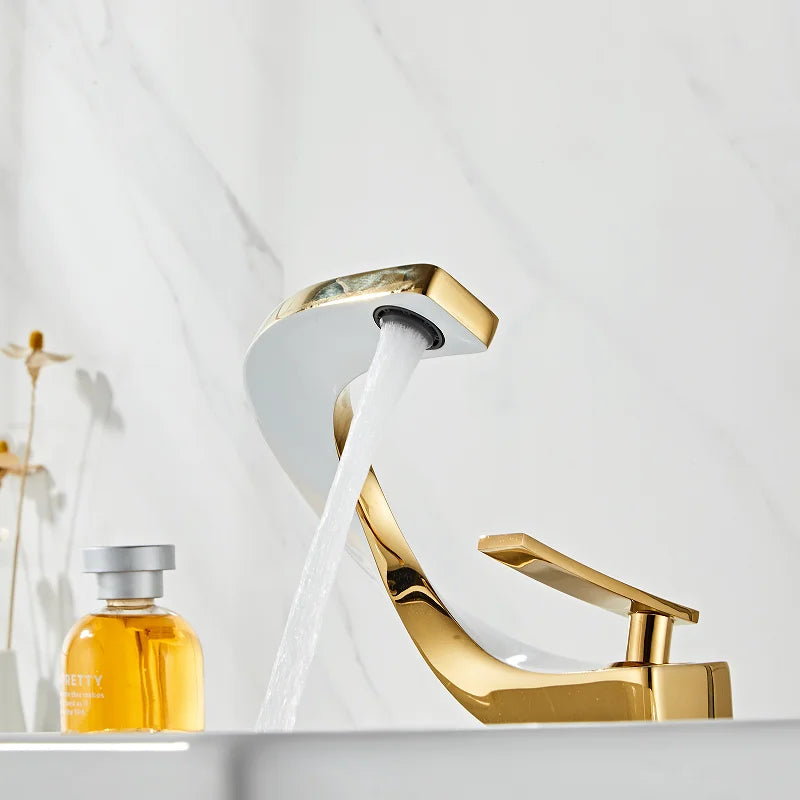 DecorBites™ Gold & White Bathroom Basin Faucet Deck Mounted Sink Tap, Brass with Rose Gold Accent