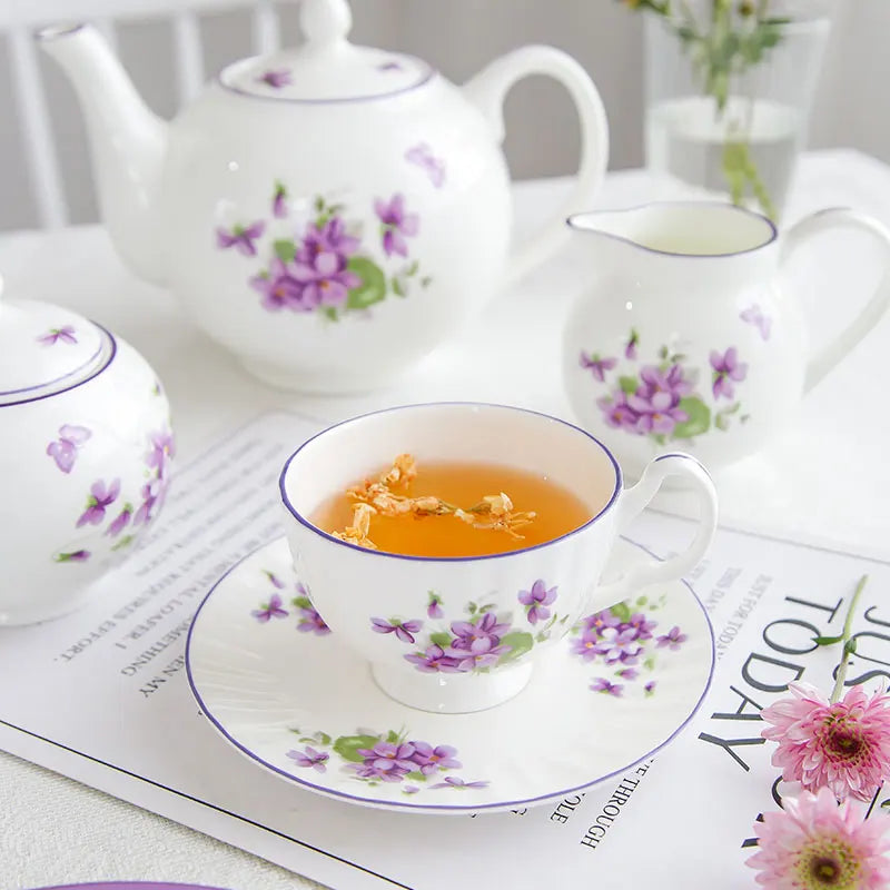 DecorBites™ Blue Dream Tea Set: Cup, Saucer, Milk Jar, Sugar Bowl, Plates & More