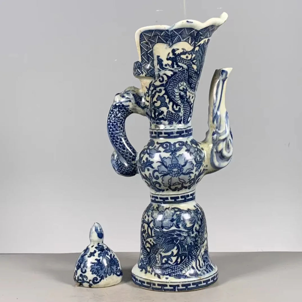 DecorBites™ Blue & White Dragon Pattern Qing Dynasty Qianlong Porcelain Pot