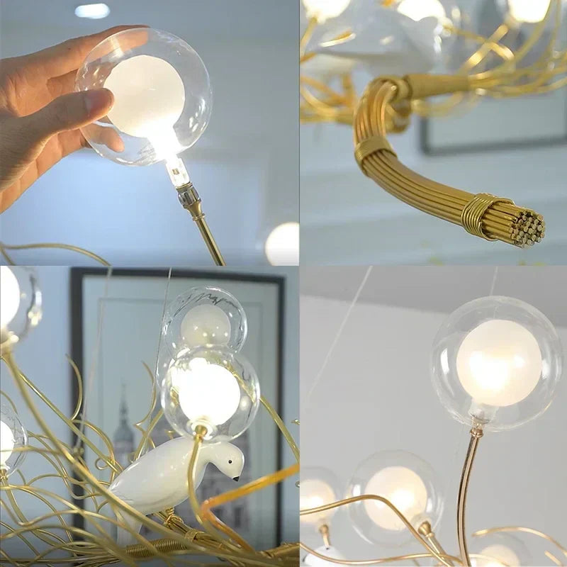 DecorBites™ Bird Nest LED Chandelier: Retro Iron Branch Pendant Lighting for Dining Room