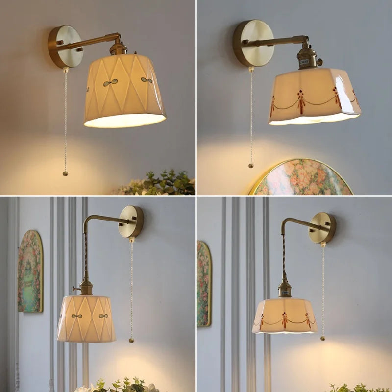 DecorBites™ Ceramic Brass LED Wall Light Fixture Pull Chain Switch Bedside Sconce
