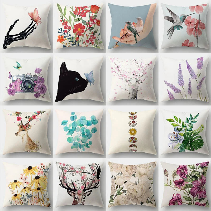 DecorBites™ Deer Animal Short Plush Pillowcase with Natural Leaves and Flowers
