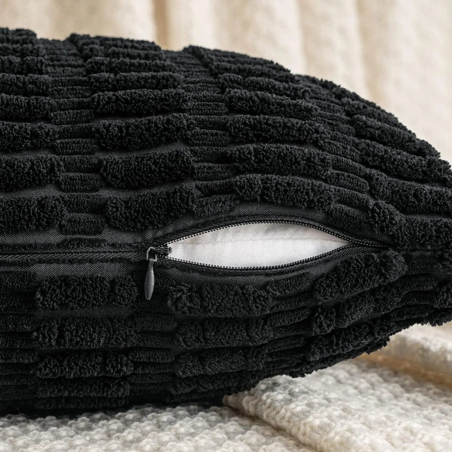 DecorBites™ Black Striped Corduroy Throw Pillow Cover 18x18 Inch Square Cushion Case White Pillowcase