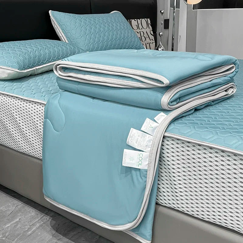 DecorBites™ Cool Feeling Ice Silk Summer Quilt Set Queen - Comforter, Fitted Sheet, Pillowcase