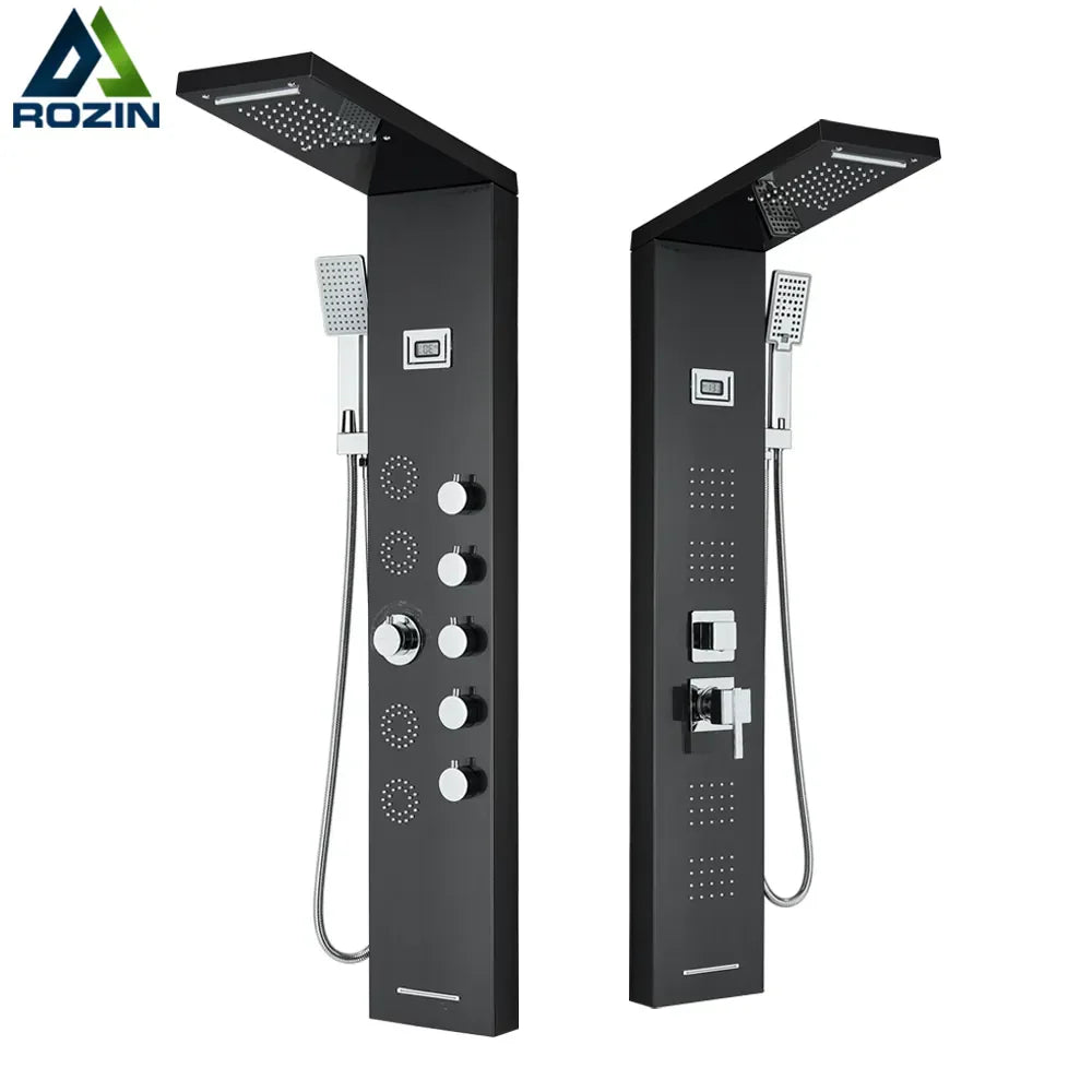 DecorBites™ Black Massage Jet Rainfall Shower Panel with Temperature Display 5 Modes
