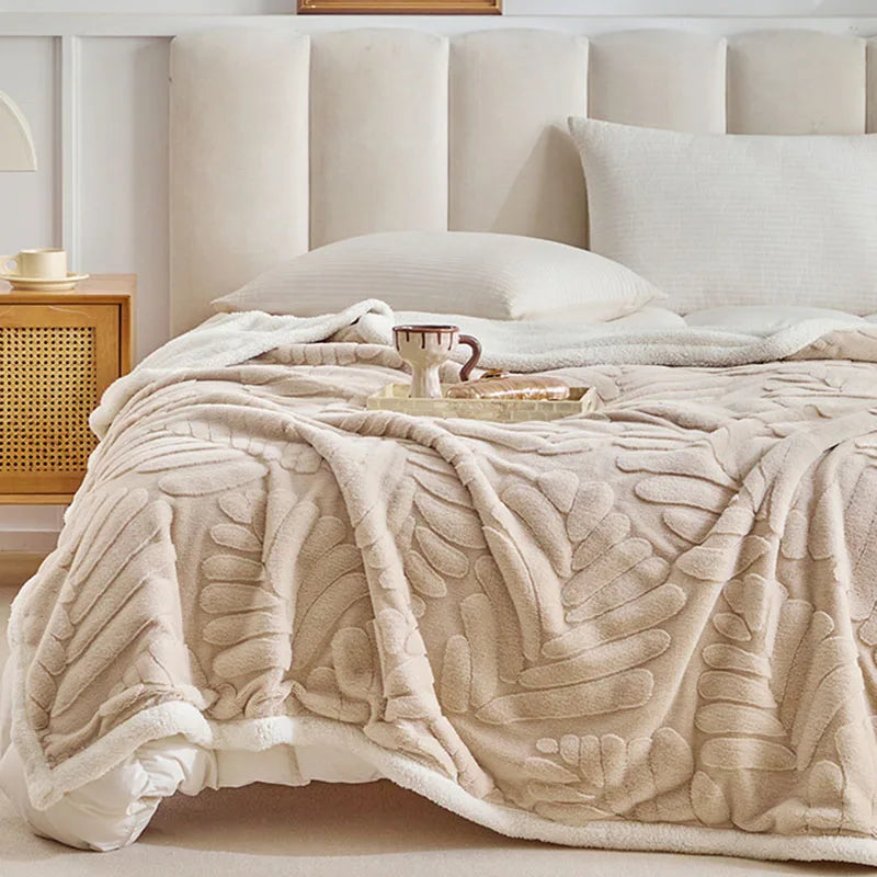 DecorBites™ Banana Leaf Jacquard Faux Rabbit Fur Double Layer Lamb Bedspread