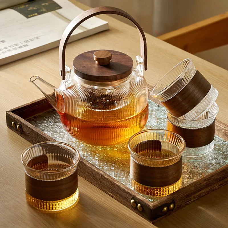 DecorBites™ Glass Teapot Set with Wooden Handle and Cover