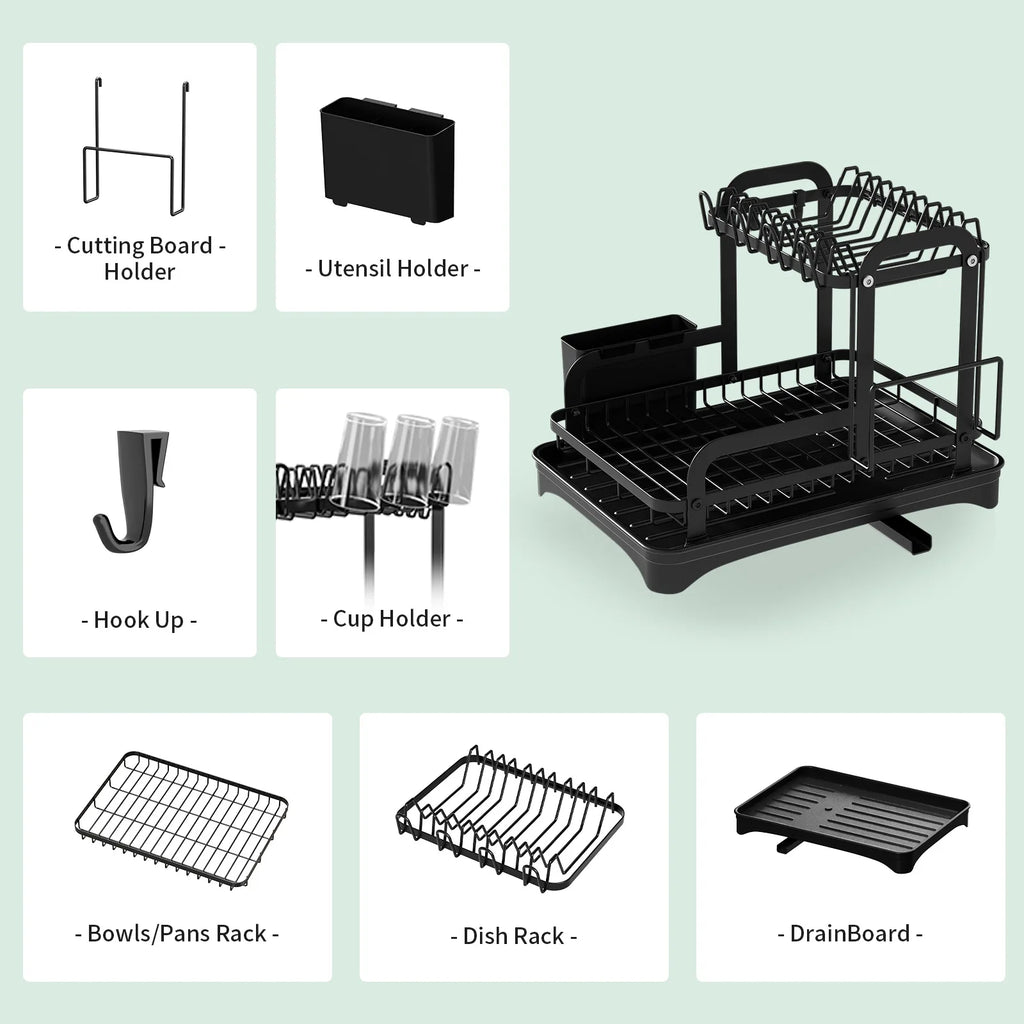 DecorBites™ Double Layer Dish Drying Rack with Drainboard - Kitchen Countertop Organizer