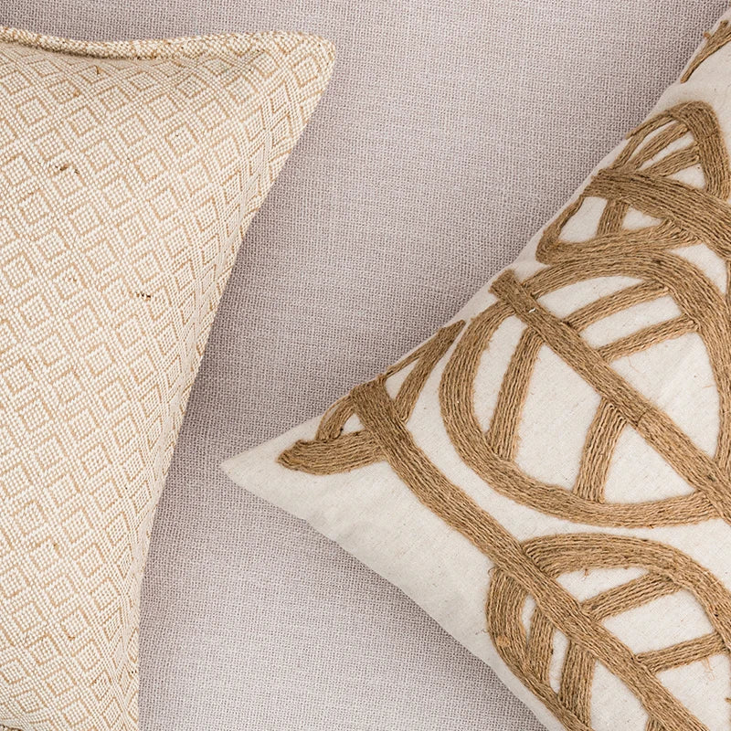 DecorBites™ Linen Embroidery Leaves Cushion Cover 45x45cm Beige Green Aesthetic Throw Pillow