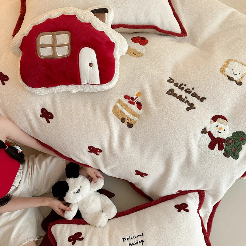 DecorBites™ Cartoon Embroidered Cashmere Winter Bedding Set - Queen Size