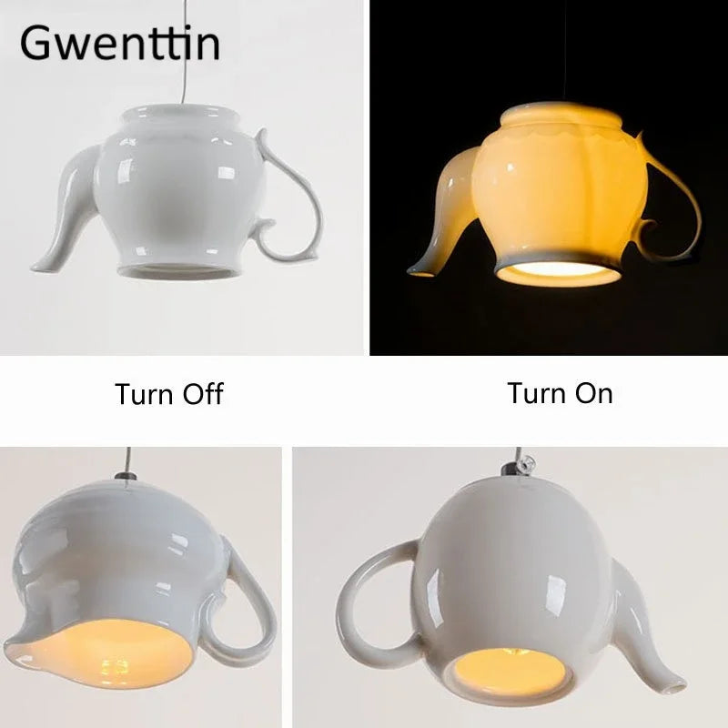 DecorBites™ Ceramic LED Pendant Lights: Nordic Teapot Design for Modern Living and Kitchen.