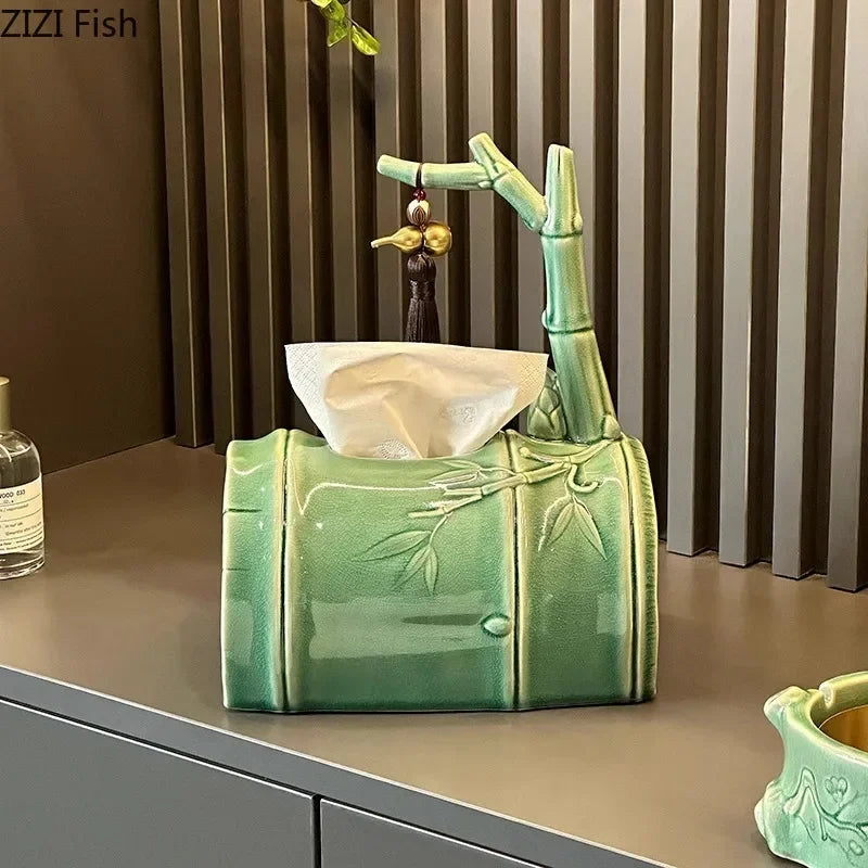 DecorBites™ Bamboo Tissue Box: Ceramic Green Bamboo Design for Coffee Table & Desk Decor