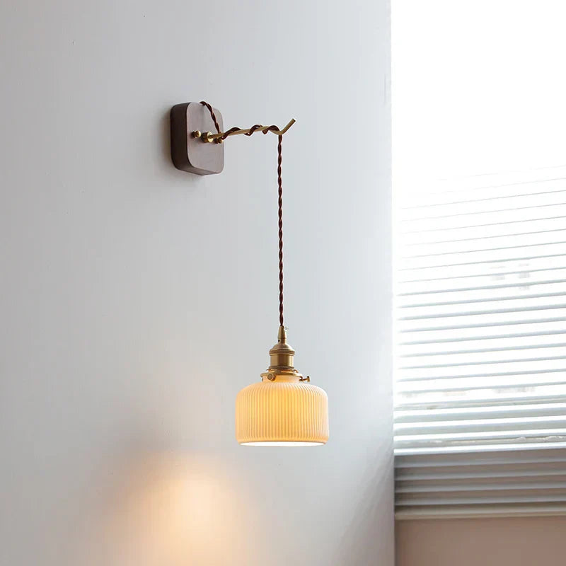 DecorBites™ LED Wall Sconce Modern Japan Style Ceramic Lampshade Wooden Base Light
