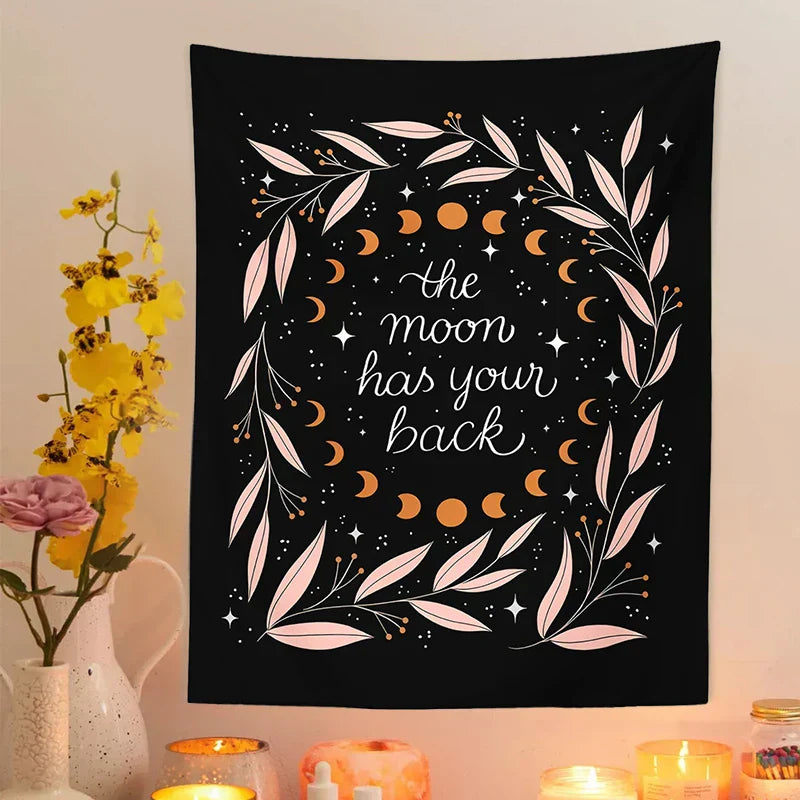 DecorBites™ Botanical Olive Leaf Moon Phase Wall Hanging Tapestries - Black Psychedelic Home Decor