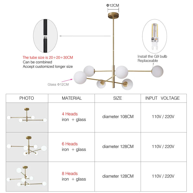 DecorBites™ Glass Brass Chandelier: Nordic Modern Pendant Lights for Home, Living Room, Bedroom, Restaurant, Cafe