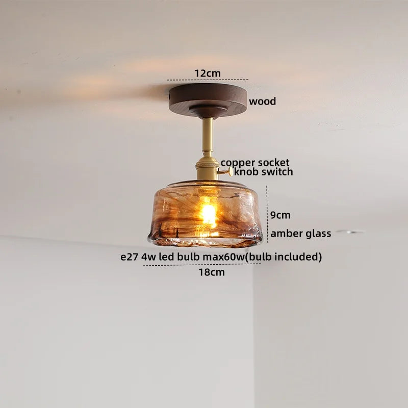 DecorBites™ Amber Glass LED Ceiling Light Modern Wood Canopy Kids Room Fixture
