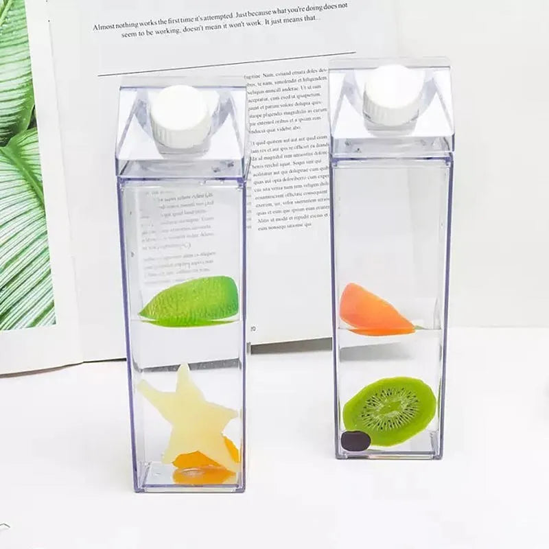 DecorBites™ Clear Milk Carton Water Bottle & Drinking Cup, Portable Plastic Juice Tea Storage