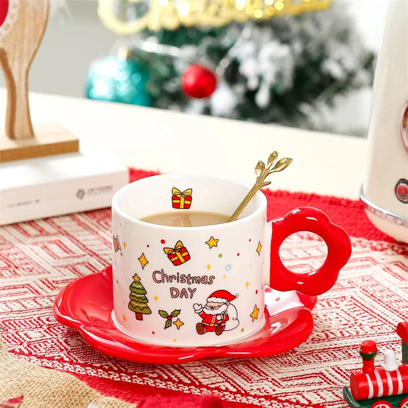 DecorBites™ Christmas Ceramic Santa Tea Set with Spoon, Festive Coffee Cup & Saucer