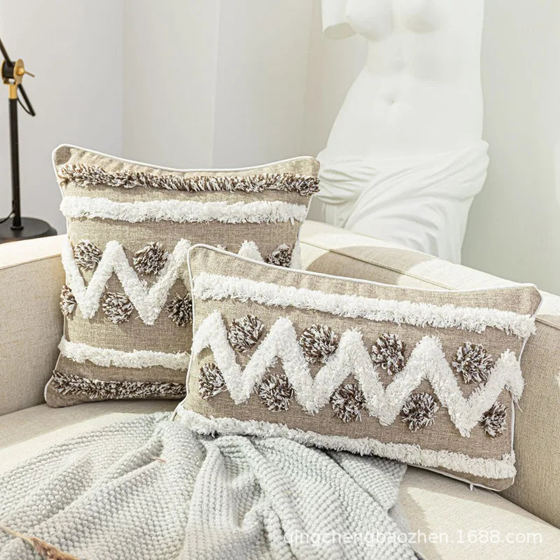 DecorBites™ Boho Style Tufted Cushion Cover with Tassel, Gray Embroidery, 45x45cm