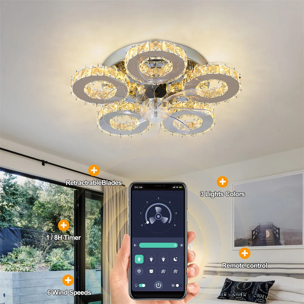 DecorBites™ Crystal Ceiling Fan: LED Remote Control Chandelier for Bedroom & Living Room