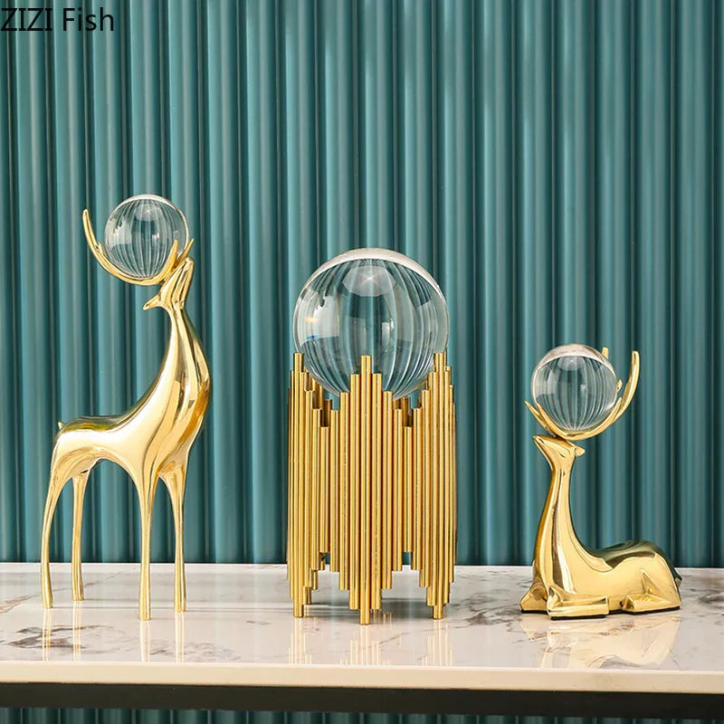 DecorBites™ Brass Deer Statue Desk Ornament - Golden Deer Sculpture for Room Decor