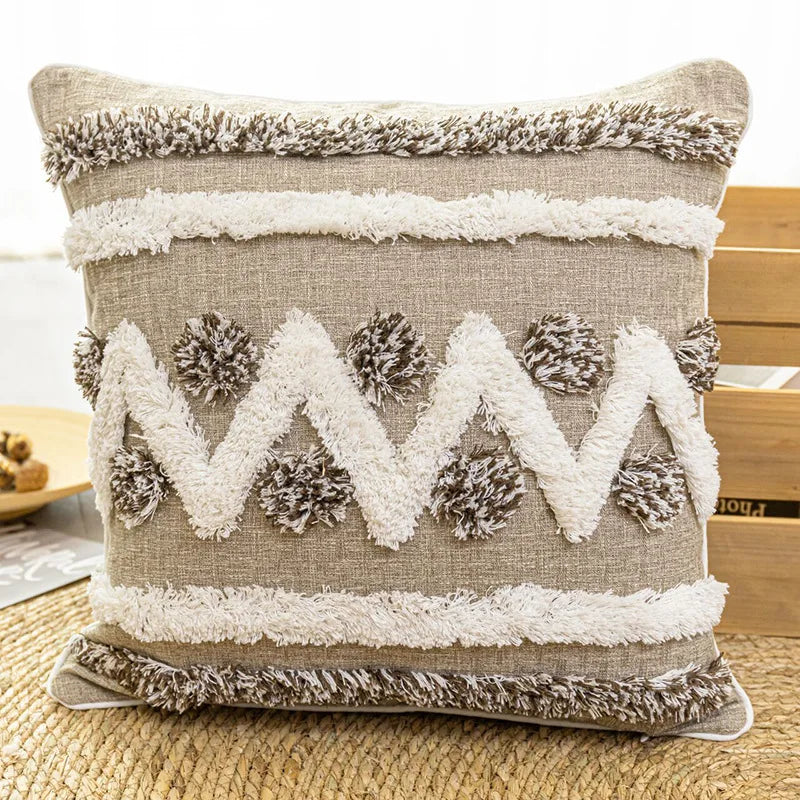 DecorBites™ Boho Style Tufted Cushion Cover with Tassel, Gray Embroidery, 45x45cm