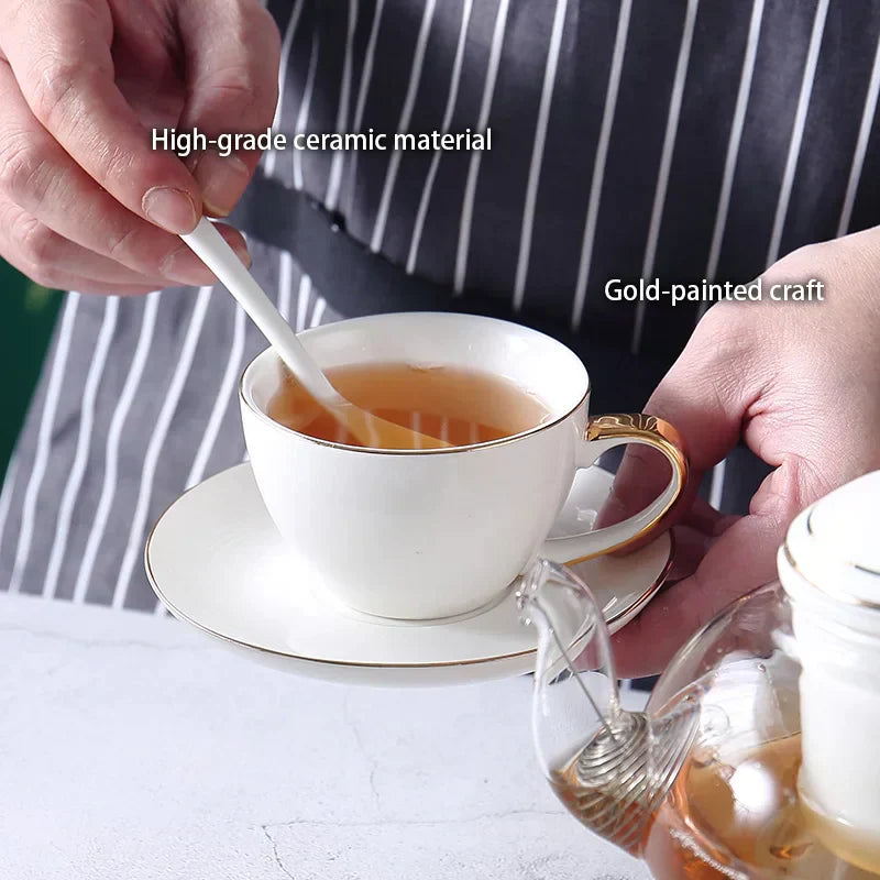 DecorBites™ Gold White Ceramic Tea Set with Glass Teapot - Elegant Teaware Collection