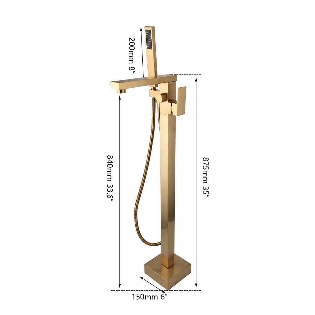 DecorBites™ Brushed Gold High Rise Round Bath Mixer Roman Tub Faucet Set Floor Stand