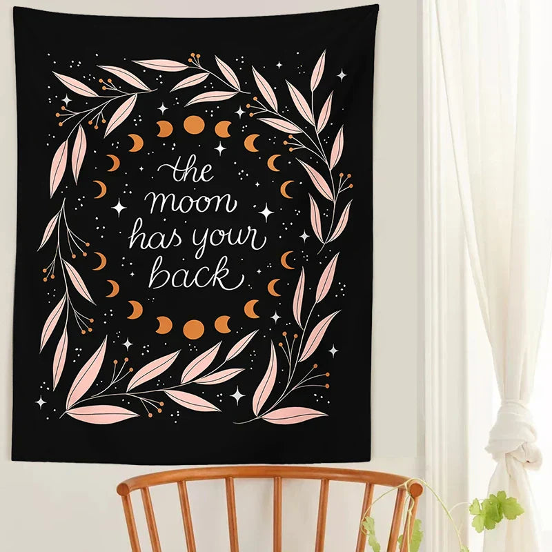 DecorBites™ Botanical Olive Leaf Moon Phase Wall Hanging Tapestries - Black Psychedelic Home Decor