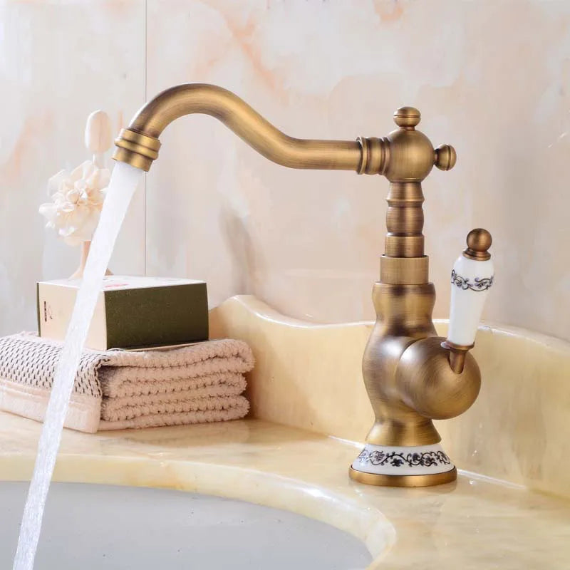 DecorBites™ Antique Brass Basin Faucet, Rotatable Single Hole Kitchen Sink Mixer