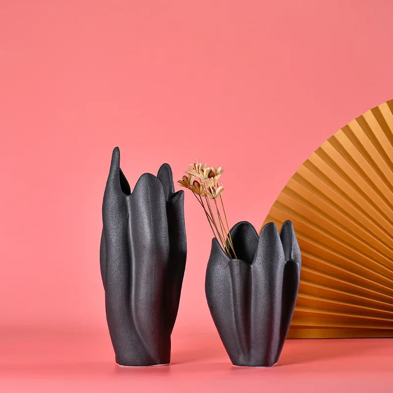 DecorBites™ Black Texture Ceramic Vase Irregular Crafts Flower Arrangement Home Decoration