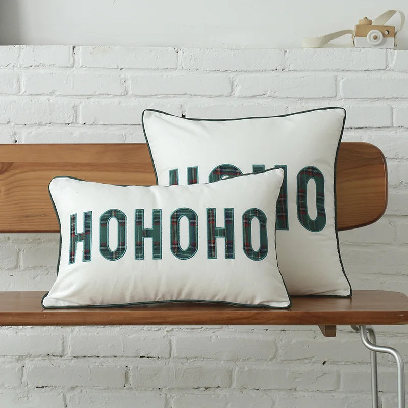 DecorBites™ Christmas Plaid Cotton Cushion Cover with Letter Snowflake Embroidery