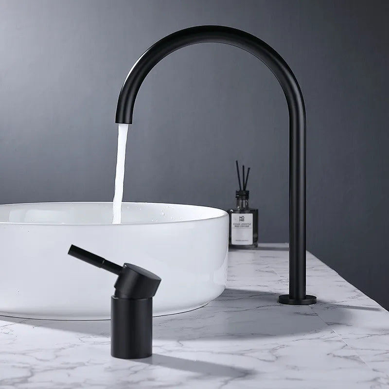 DecorBites™ Black Basin Faucet: Brushed Gold Two-Hole Bathroom Sink Tap with Rotating Spout