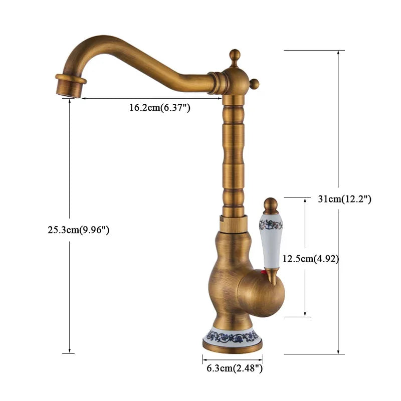DecorBites™ Antique Brass Basin Faucet, Rotatable Single Hole Kitchen Sink Mixer
