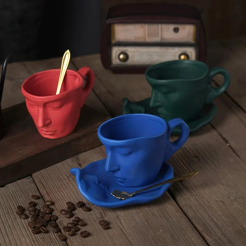 DecorBites™ Frosted Ceramic Face Mug Set: Cup, Saucer, Spoon for Coffee, Tea, Milk
