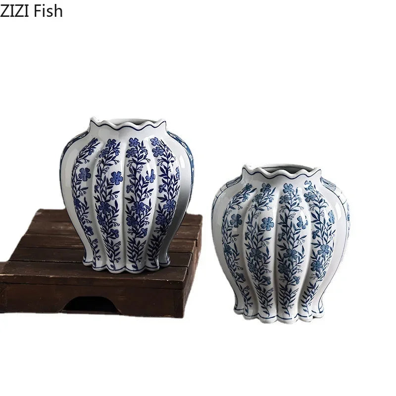 DecorBites™ Blue & White Porcelain Vase Desk Decor with Artificial Flowers