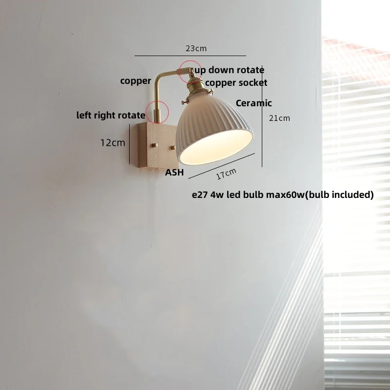 DecorBites™ Globe Ceramic LED Wall Lights Walnut Wood Sconce Rotatable Bedside Lamp