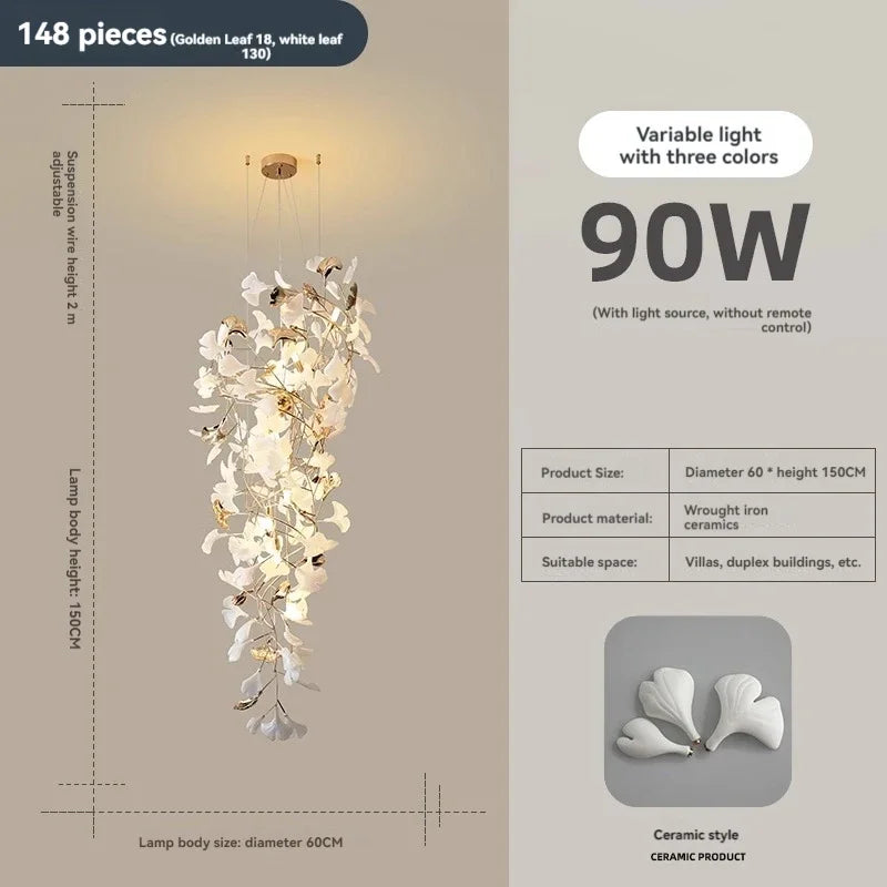 DecorBites™ Ginkgo Leaf Chandelier for Luxury Staircase & Lobby, Designer Duplex Lighting
