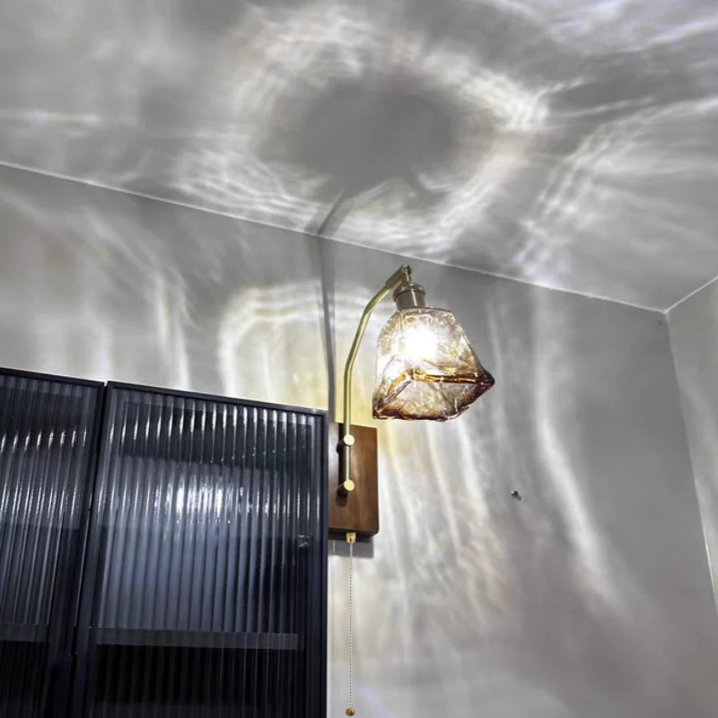 DecorBites™ LED Glass & Wood Wall Lamp with Pull Chain Switch for Living Room, Bedroom, Bathroom