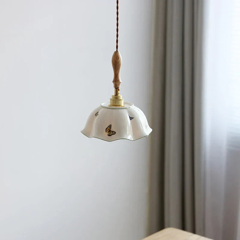 DecorBites™ Butterfly Ceramic LED Pendant Lamp with Wooden Handle for Home Decor
