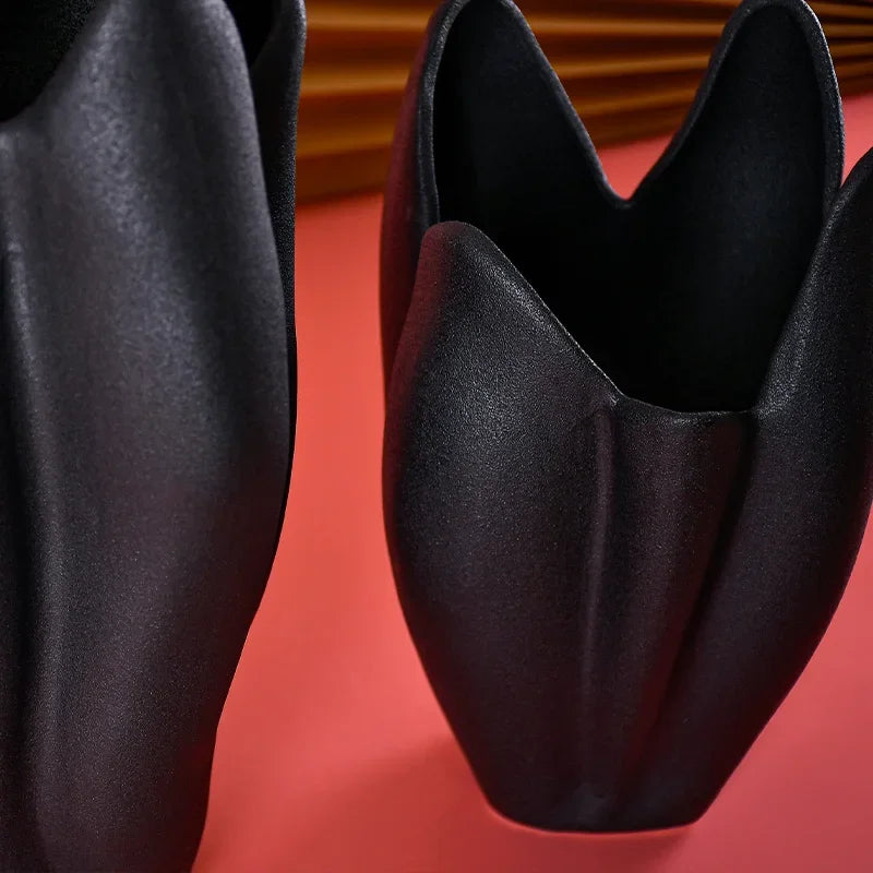 DecorBites™ Black Texture Ceramic Vase Irregular Crafts Flower Arrangement Home Decoration